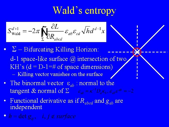 Wald’s entropy • S – Bifurcating Killing Horizon: d-1 space-like surface @ intersection of