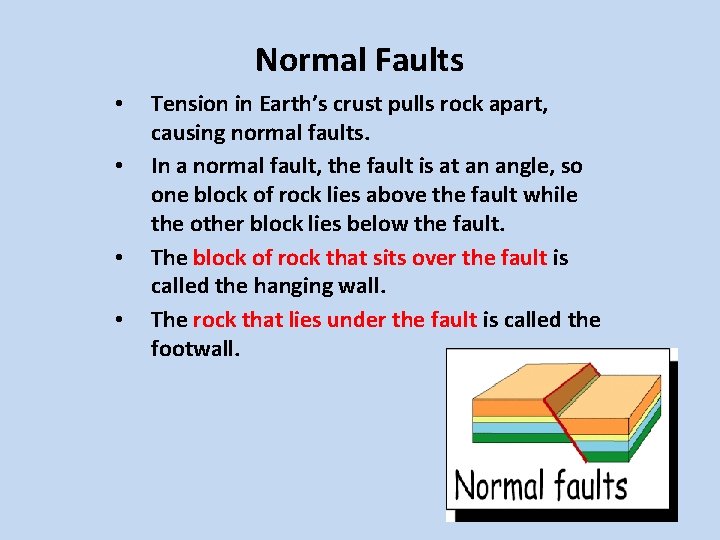 Normal Faults • • Tension in Earth’s crust pulls rock apart, causing normal faults.