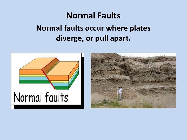 Normal Faults Normal faults occur where plates diverge, or pull apart. 