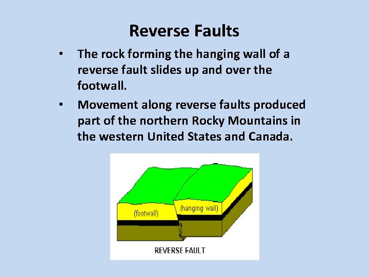 Reverse Faults • • The rock forming the hanging wall of a reverse fault