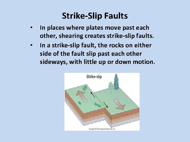Strike-Slip Faults • • In places where plates move past each other, shearing creates