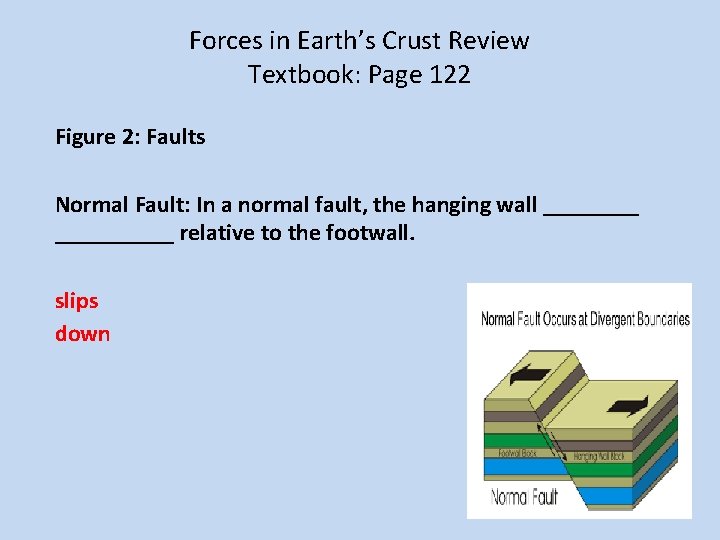 Forces in Earth’s Crust Review Textbook: Page 122 Figure 2: Faults Normal Fault: In