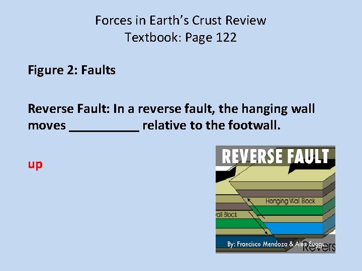 Forces in Earth’s Crust Review Textbook: Page 122 Figure 2: Faults Reverse Fault: In