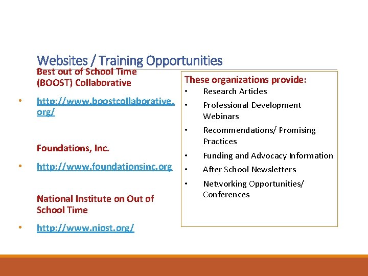  • Websites / Training Opportunities Best out of School Time (BOOST) Collaborative http: