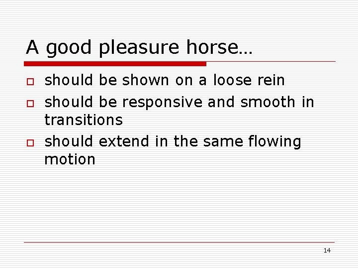 A good pleasure horse… o o o should be shown on a loose rein