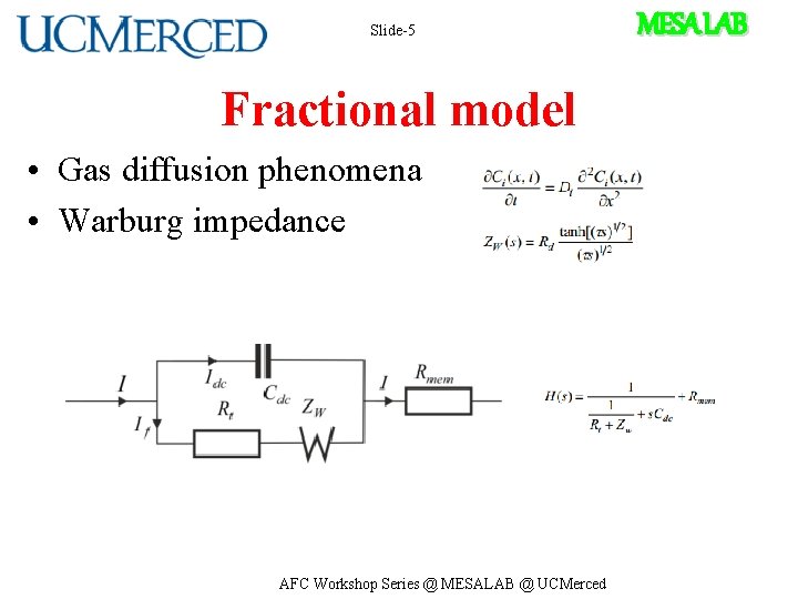 Slide-5 Fractional model • Gas diffusion phenomena • Warburg impedance AFC Workshop Series @