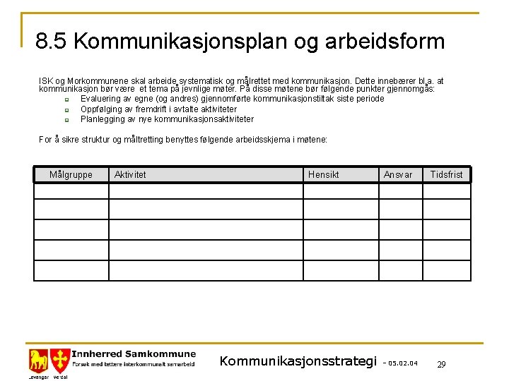 8. 5 Kommunikasjonsplan og arbeidsform ISK og Morkommunene skal arbeide systematisk og målrettet med