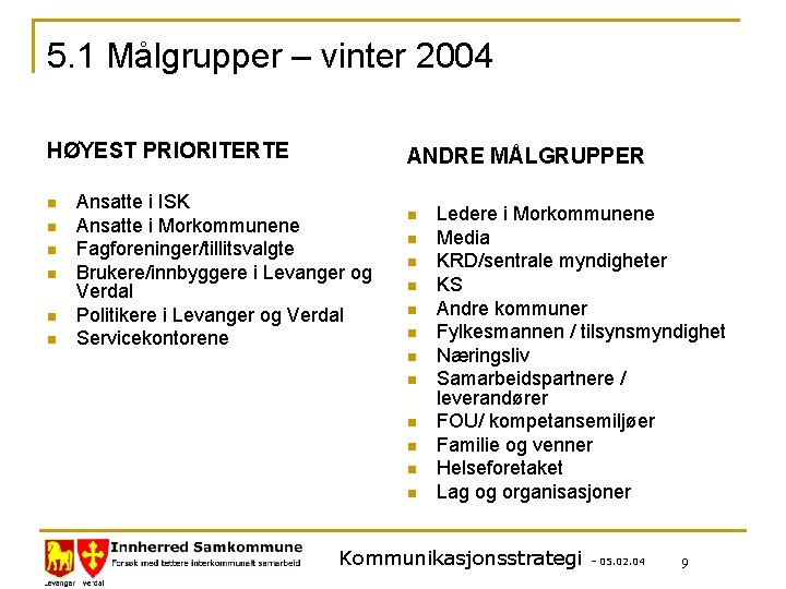 5. 1 Målgrupper – vinter 2004 HØYEST PRIORITERTE n n n ANDRE MÅLGRUPPER Ansatte