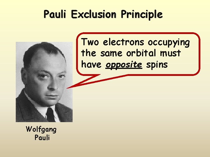 Pauli Exclusion Principle Two electrons occupying the same orbital must have opposite spins Wolfgang