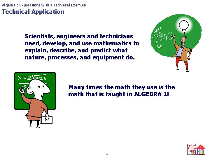 Algebraic Expressions with a Technical Example Technical Application Scientists, engineers and technicians need, develop,