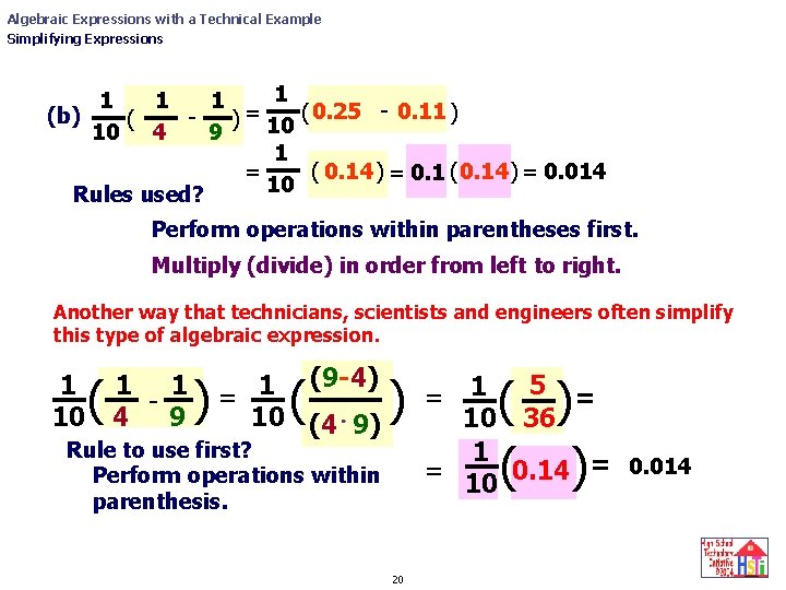 Algebraic Expressions with a Technical Example Simplifying Expressions 1 1 (b) ( ) =