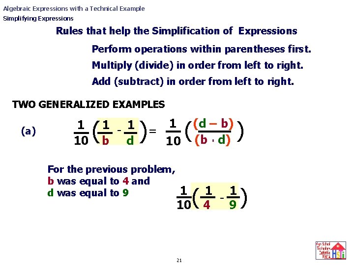 Algebraic Expressions with a Technical Example Simplifying Expressions Rules that help the Simplification of Algebraic Expressions with a Technical Example Simplifying Expressions Rules that help the Simplification of