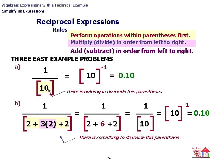 Algebraic Expressions with a Technical Example Simplifying Expressions Reciprocal Expressions Rules Perform operations within