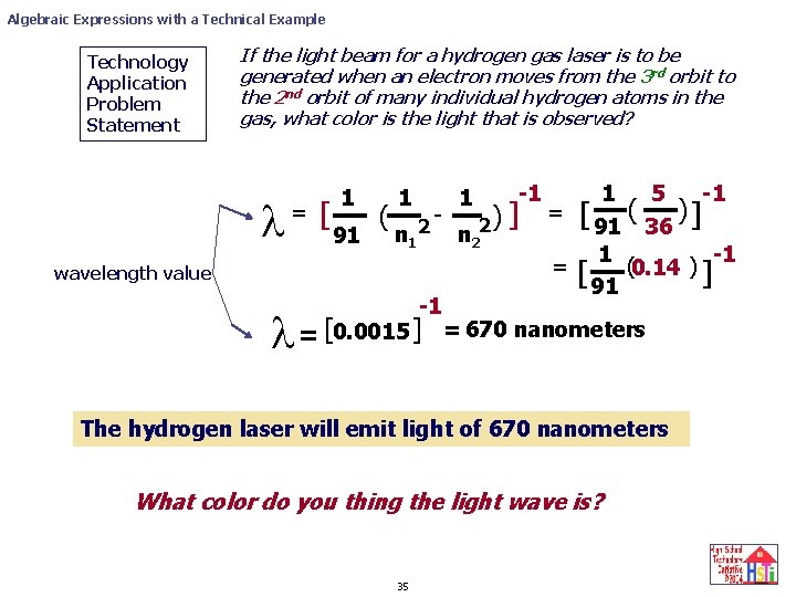 Algebraic Expressions with a Technical Example Technology Application Problem Statement If the light beam