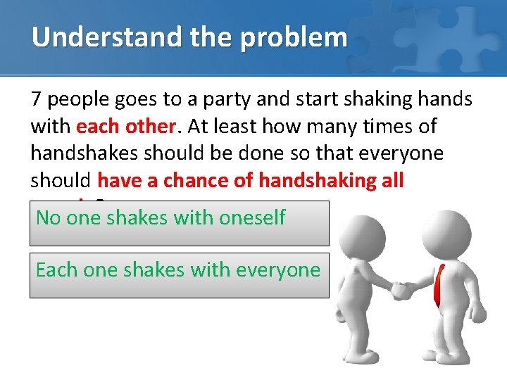 Understand the problem 7 people goes to a party and start shaking hands with