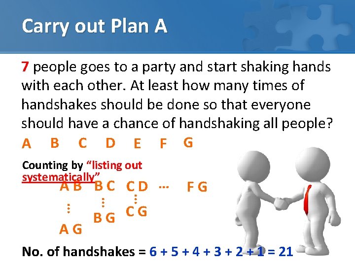 Carry out Plan A 7 people goes to a party and start shaking hands