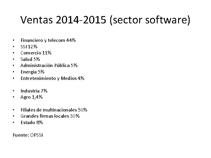 Ventas 2014 -2015 (sector software) • • Financiero y telecom 44% SSI 12% Comercio