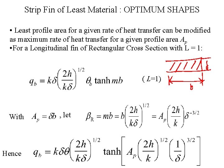 Strip Fin of Least Material : OPTIMUM SHAPES • Least profile area for a