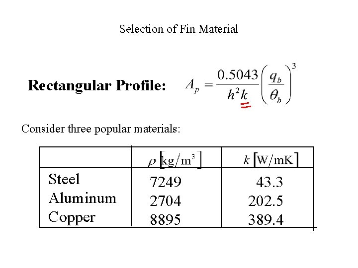 Selection of Fin Material Rectangular Profile: Consider three popular materials: Steel Aluminum Copper 7249