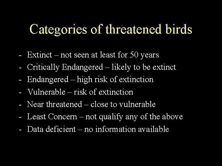 Categories of threatened birds - Extinct – not seen at least for 50 years