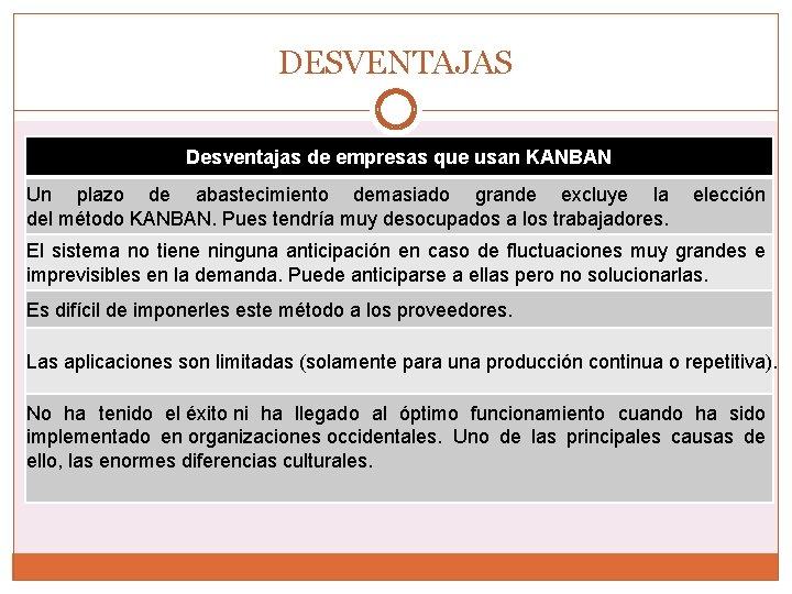 DESVENTAJAS Desventajas de empresas que usan KANBAN Un plazo de abastecimiento demasiado grande excluye