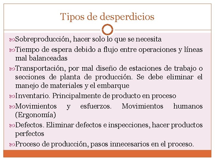Tipos de desperdicios Sobreproducción, hacer solo lo que se necesita Tiempo de espera debido