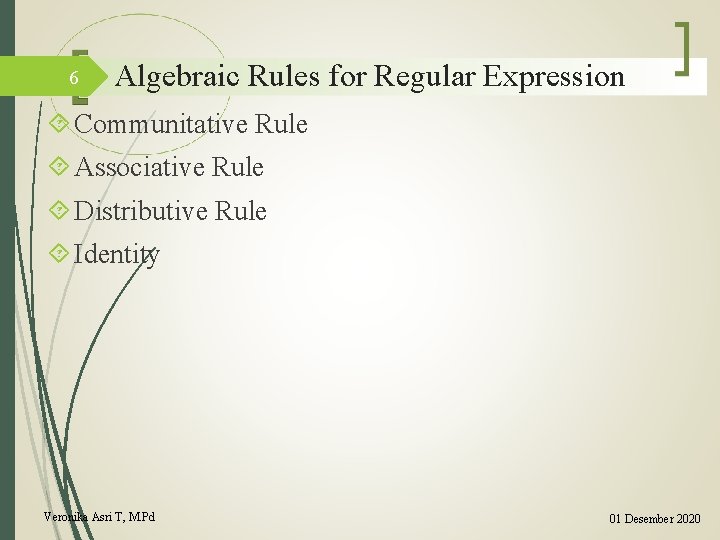 6 Algebraic Rules for Regular Expression Communitative Rule Associative Rule Distributive Rule Identity Veronika