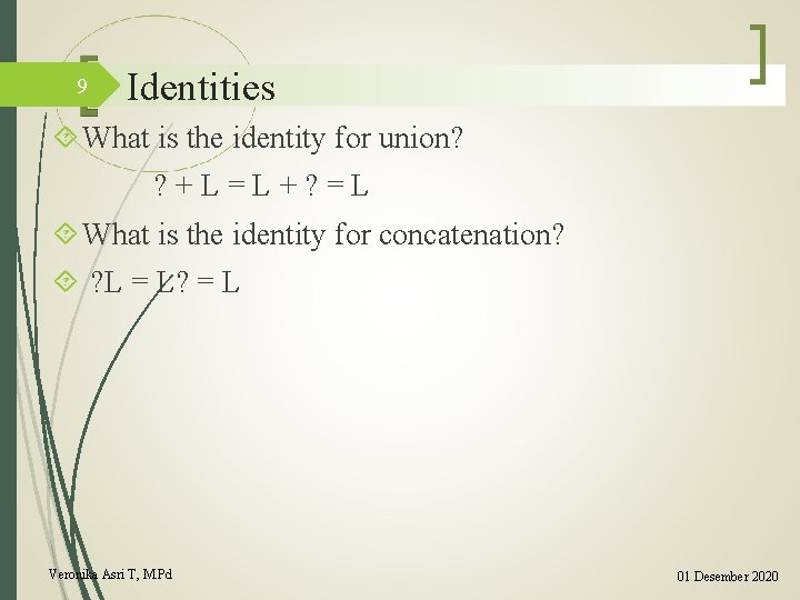 9 Identities What is the identity for union? ? + L = L +