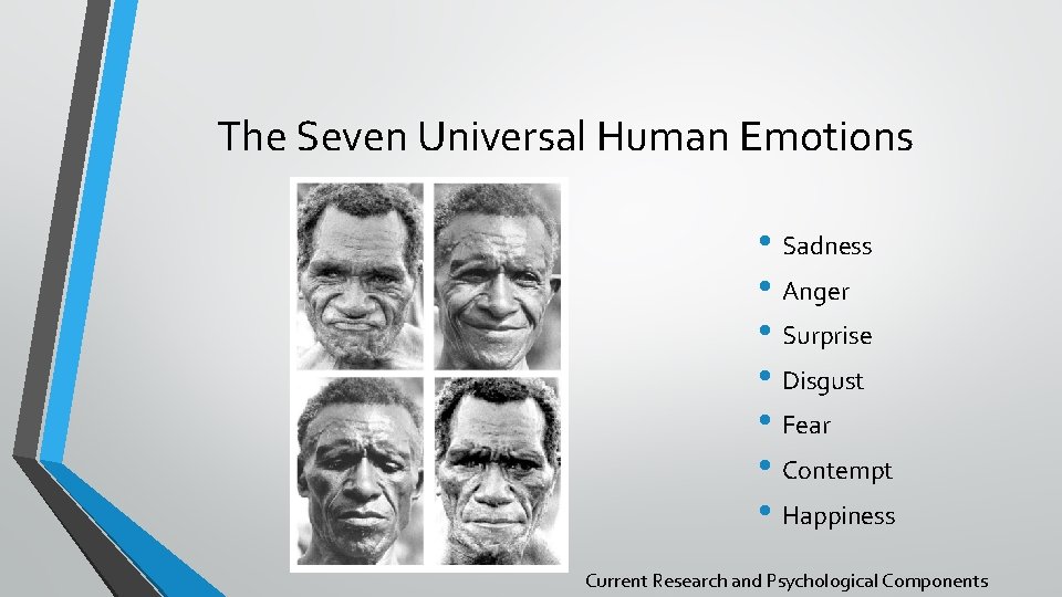 The Seven Universal Human Emotions • Sadness • Anger • Surprise • Disgust •