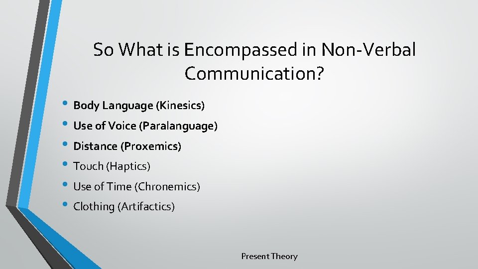 So What is Encompassed in Non-Verbal Communication? • Body Language (Kinesics) • Use of