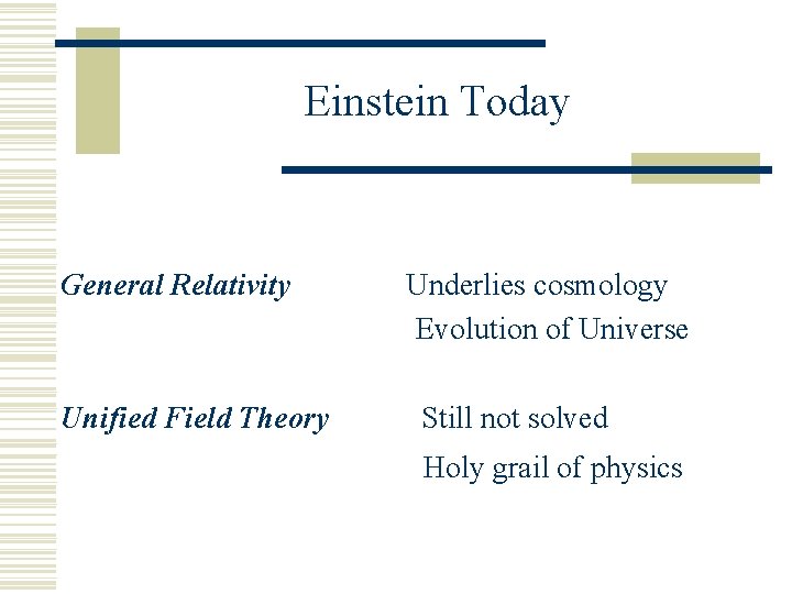 Einstein Today General Relativity Unified Field Theory Underlies cosmology Evolution of Universe Still not