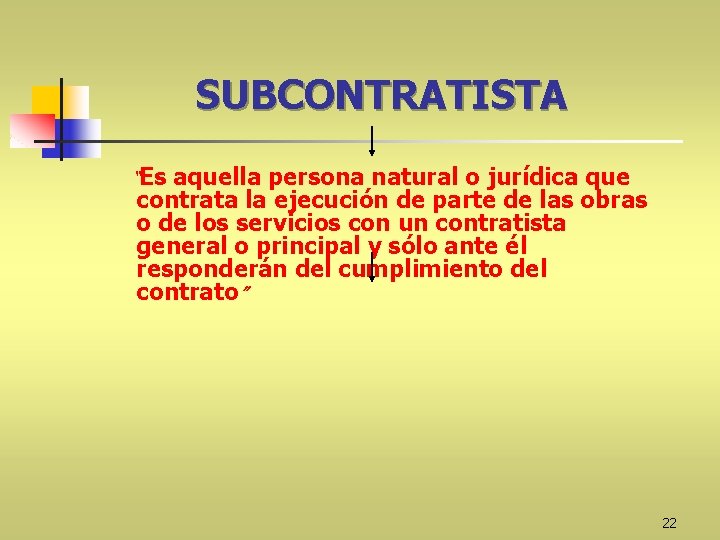 SUBCONTRATISTA “Es aquella persona natural o jurídica que contrata la ejecución de parte de