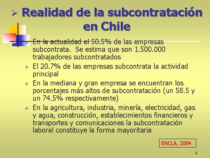 Ø Realidad de la subcontratación en Chile v v En la actualidad el 50.