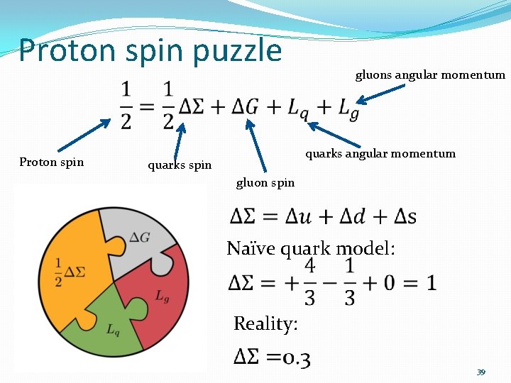 Proton spin puzzle Proton spin gluons angular momentum quarks spin gluon spin Naïve quark