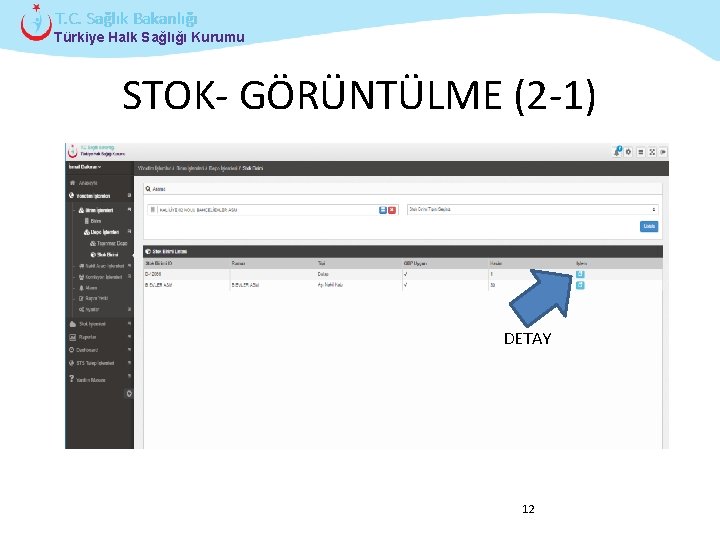 T. C. Sağlık Bakanlığı Türkiye Halk Sağlığı Kurumu STOK- GÖRÜNTÜLME (2 -1) DETAY 12