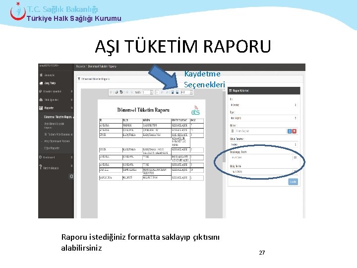T. C. Sağlık Bakanlığı Türkiye Halk Sağlığı Kurumu AŞI TÜKETİM RAPORU Kaydetme Seçenekleri Raporu