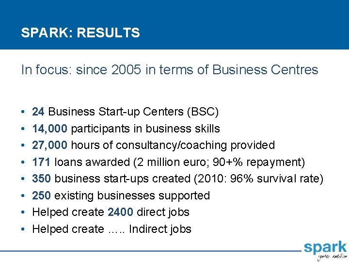 SPARK: RESULTS In focus: since 2005 in terms of Business Centres • • 24