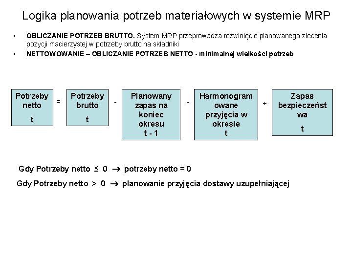 Logika planowania potrzeb materiałowych w systemie MRP • • OBLICZANIE POTRZEB BRUTTO. System MRP