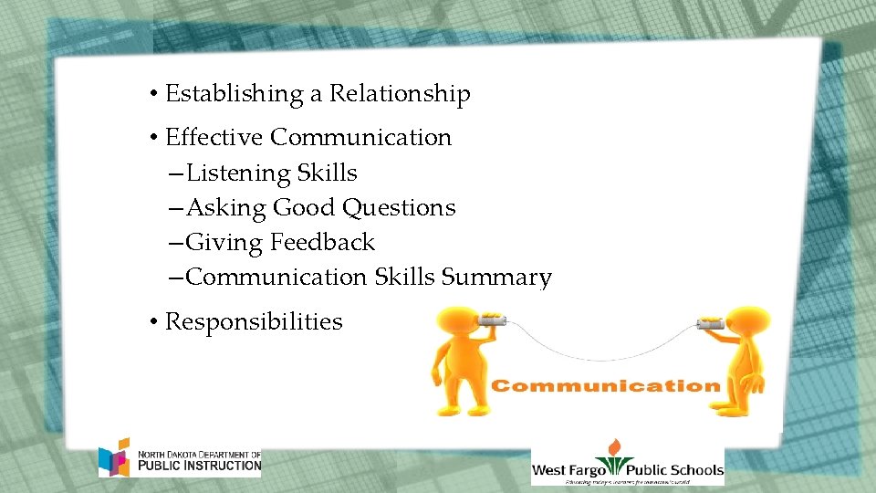  • Establishing a Relationship • Effective Communication – Listening Skills – Asking Good