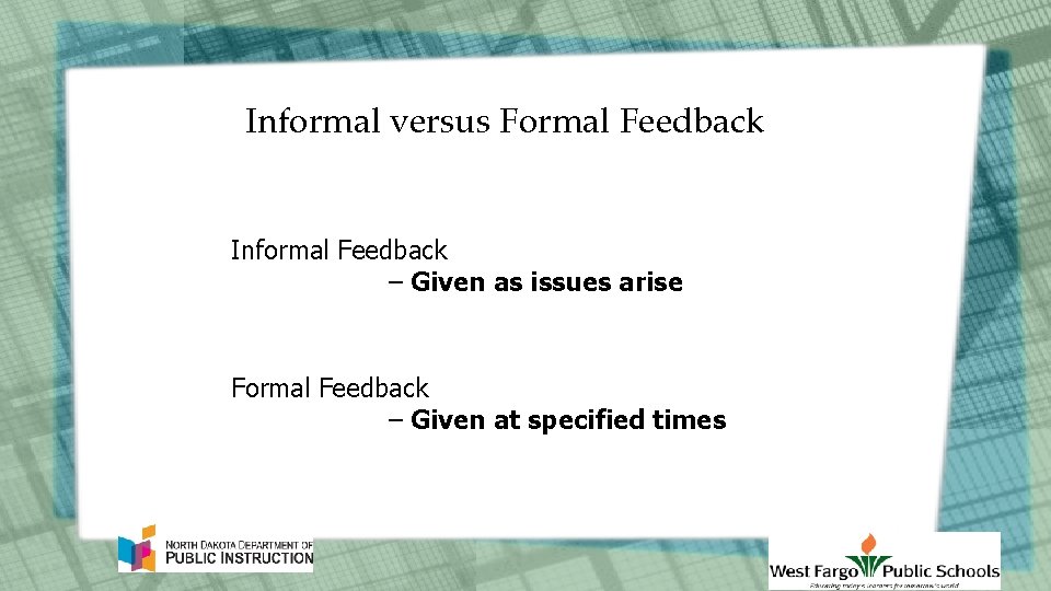 Informal versus Formal Feedback Informal Feedback – Given as issues arise Formal Feedback –