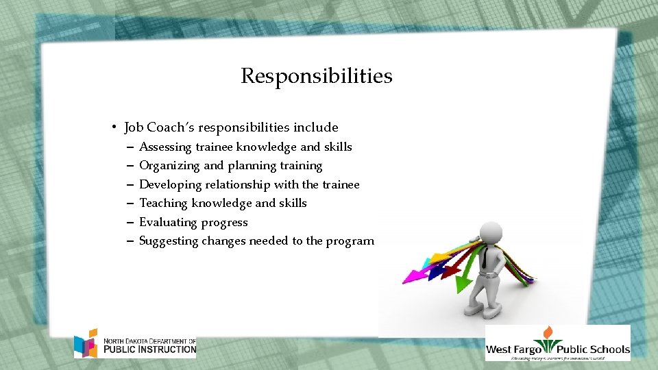 Responsibilities • Job Coach’s responsibilities include – – – Assessing trainee knowledge and skills