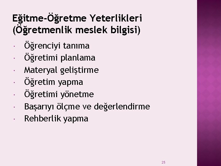 Eğitme-Öğretme Yeterlikleri (Öğretmenlik meslek bilgisi) Öğrenciyi tanıma Öğretimi planlama Materyal geliştirme Öğretim yapma Öğretimi Eğitme-Öğretme Yeterlikleri (Öğretmenlik meslek bilgisi) Öğrenciyi tanıma Öğretimi planlama Materyal geliştirme Öğretim yapma Öğretimi