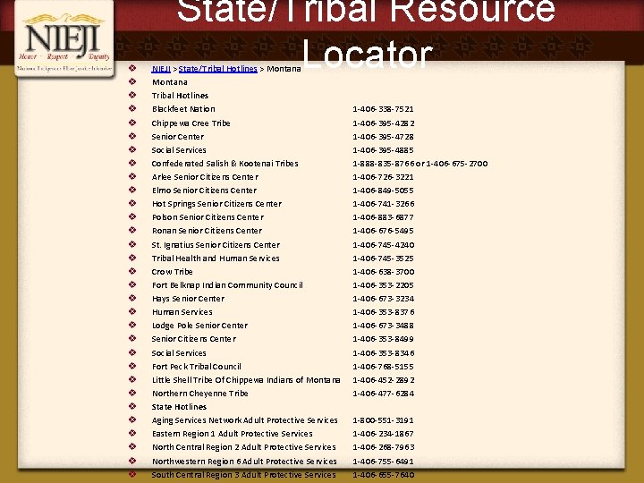 v v v v v v v v State/Tribal Resource Locator NIEJI > State/Tribal