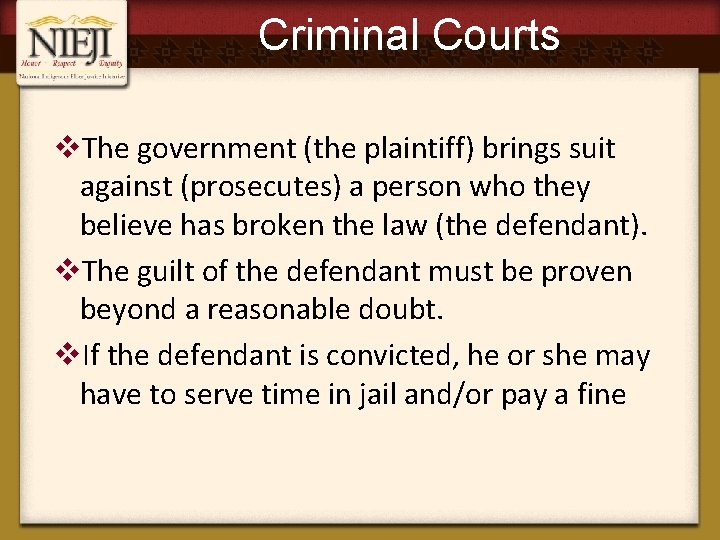 Criminal Courts v. The government (the plaintiff) brings suit against (prosecutes) a person who