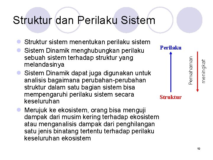 Struktur dan Perilaku Sistem l Struktur sistem menentukan perilaku sistem Perilaku l Sistem Dinamik