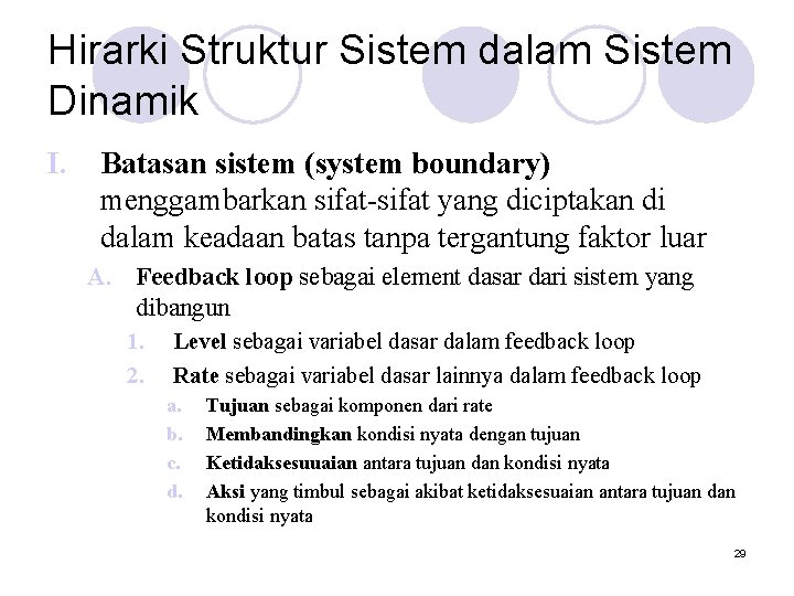 Hirarki Struktur Sistem dalam Sistem Dinamik I. Batasan sistem (system boundary) menggambarkan sifat-sifat yang