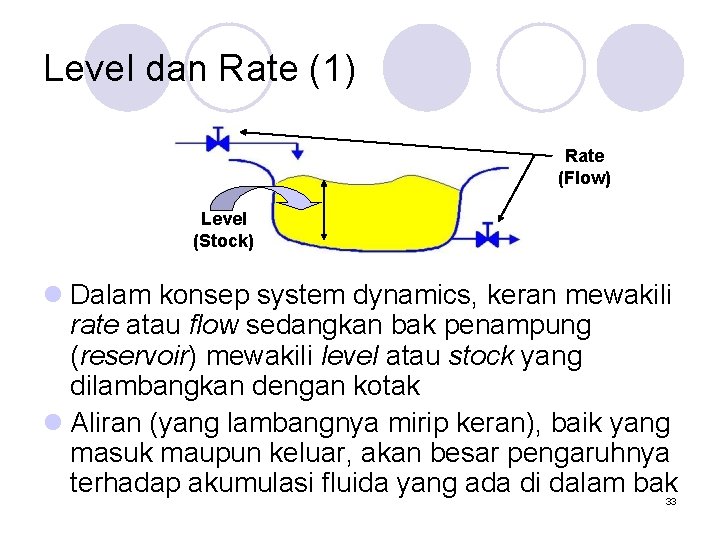 Level dan Rate (1) Rate (Flow) Level (Stock) l Dalam konsep system dynamics, keran