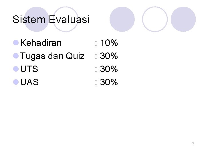 Sistem Evaluasi l Kehadiran l Tugas dan Quiz l UTS l UAS : 10%