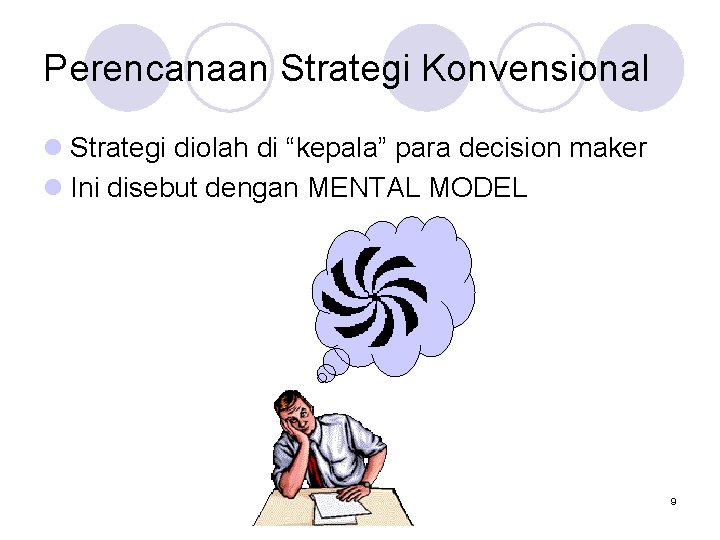 Perencanaan Strategi Konvensional l Strategi diolah di “kepala” para decision maker l Ini disebut