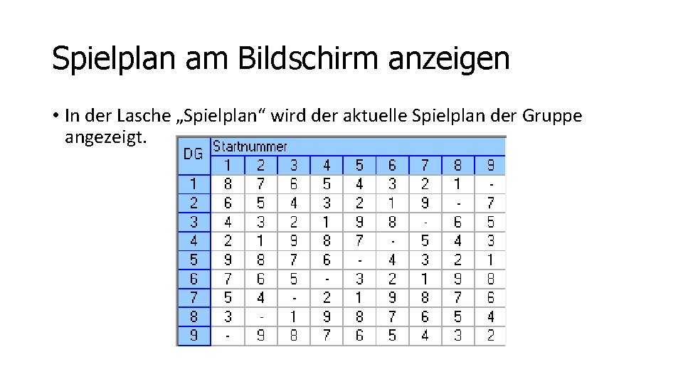 Spielplan am Bildschirm anzeigen • In der Lasche „Spielplan“ wird der aktuelle Spielplan der